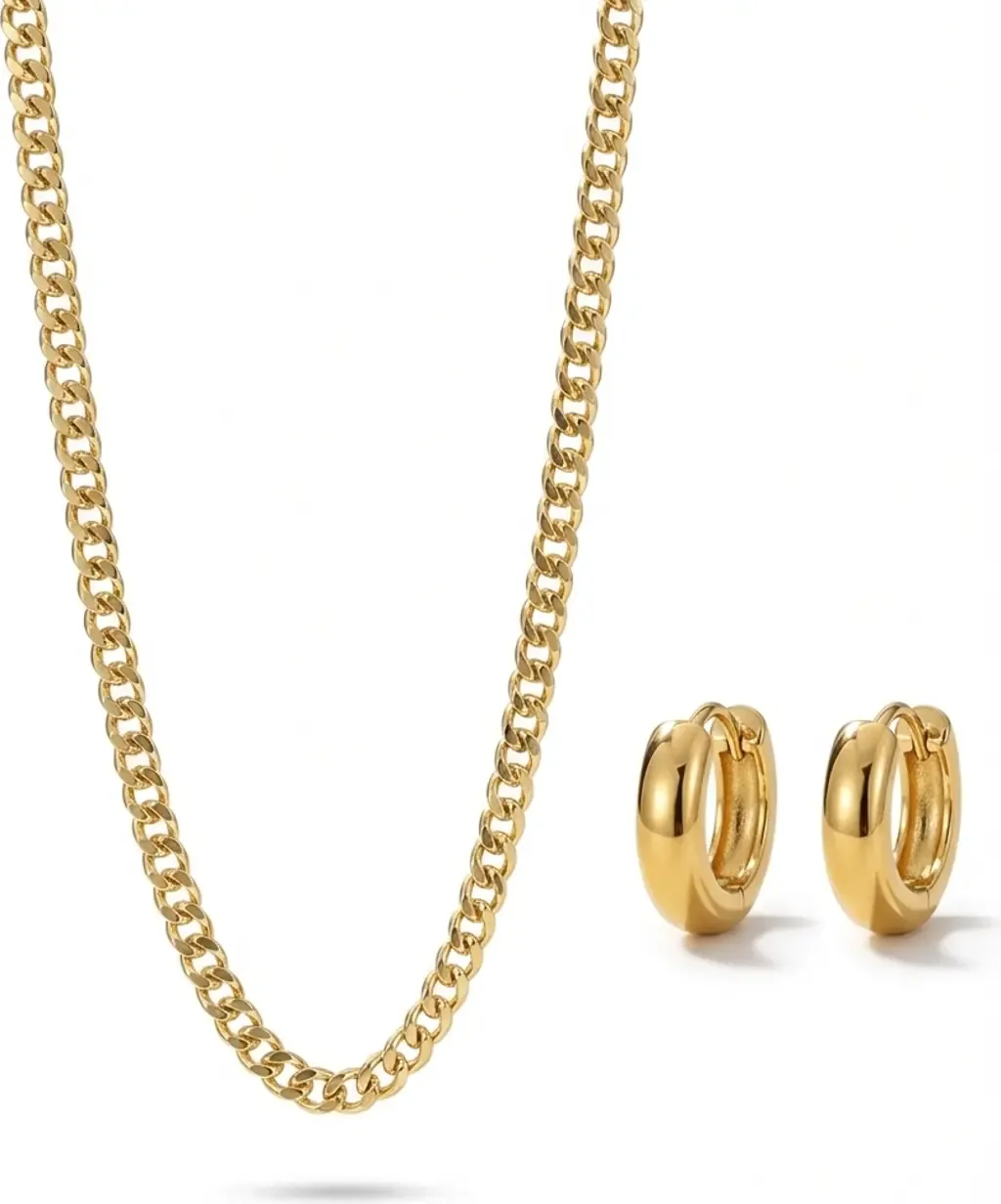 Cuban Link Chain 18K Gold Plated Necklace and Huggie Earring Set by Joey Baby