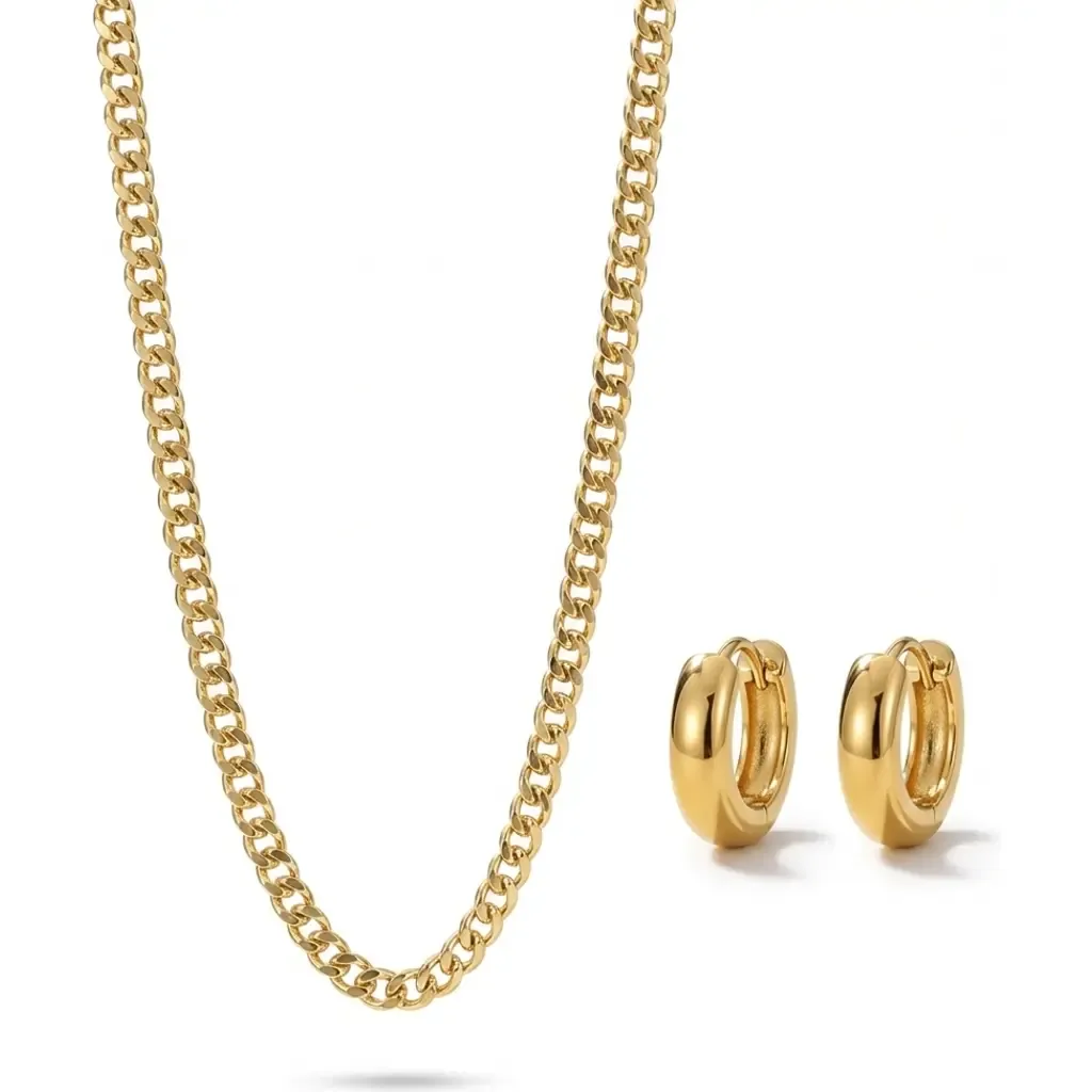 Cuban Link Chain 18K Gold Plated Necklace and Huggie Earring Set by Joey Baby