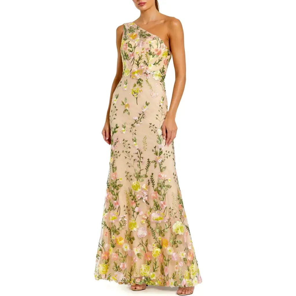 One Shoulder Lace Embroidered Gown by Mac Duggal