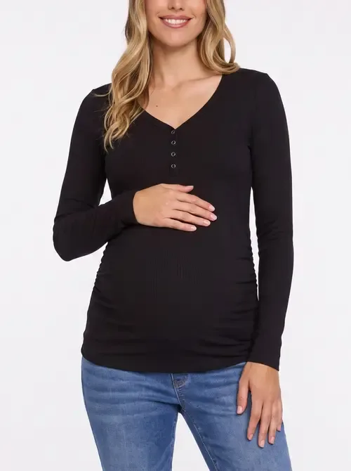V-Neck Side-Ruched Long Sleeve Henley Tee by MOTHERHOOD MATERNITY