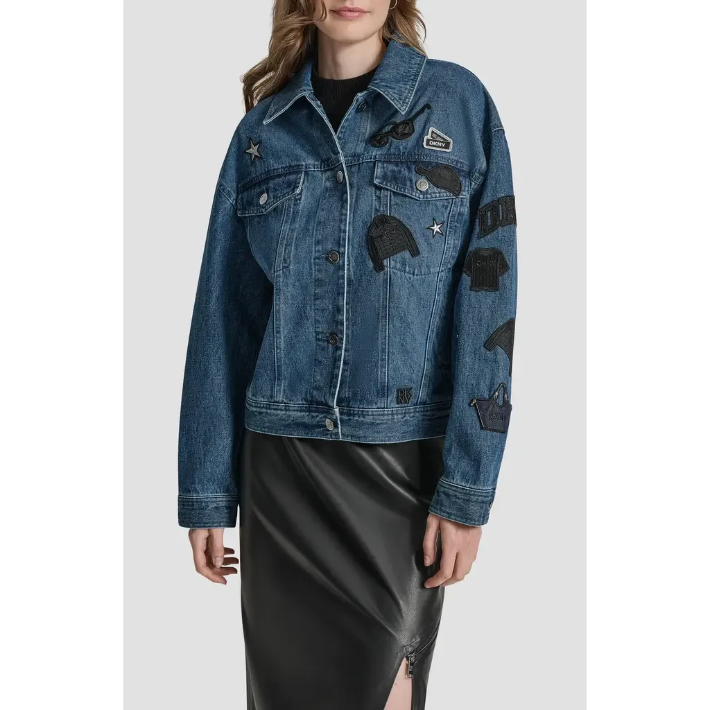 Logo Patch Denim Trucker Jacket in Ludlow Wash by DKNY