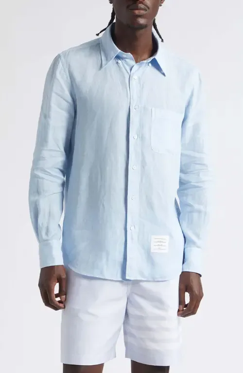 Straight Fit Garment Dye Linen Button-Down Shirt by Thom Browne