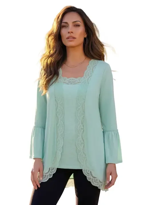 Lace Detailed Cardigan and Tank Set by Roaman's