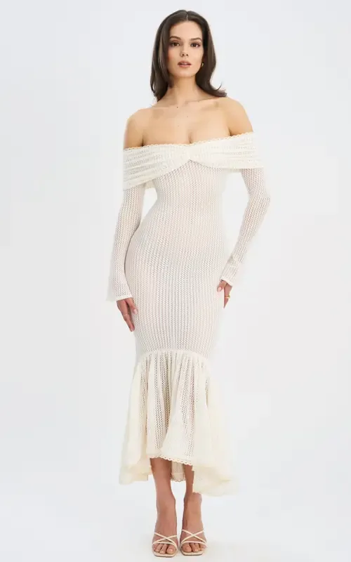 Kaedyn Off Shoulder Long Sleeve Crochet Mermaid Maxi Dress by Miss Circle