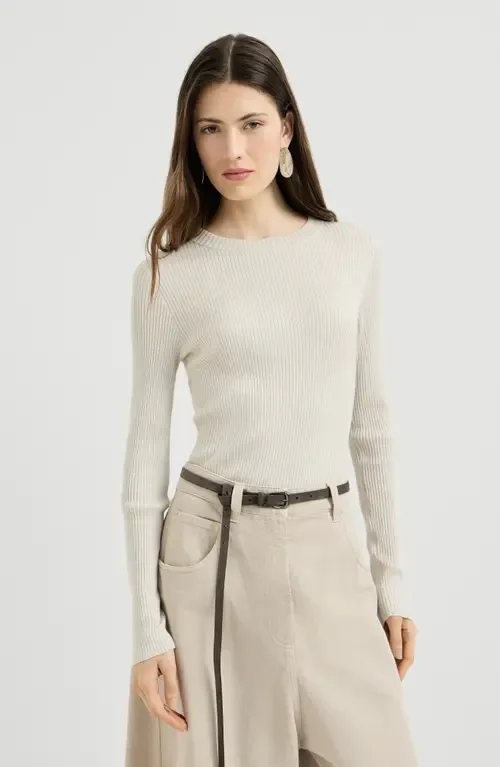 Sparkling Cashmere and Silk Rib Knit Lightweight Sweater by Brunello Cucinelli