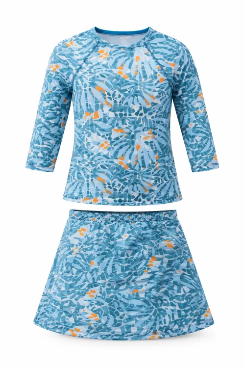 Floral Rashguard Top and Elastic Waist Skirt Two Piece Swim Set by Try