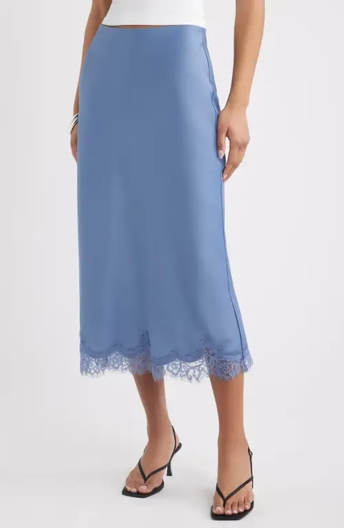 Lace Trim Satin Midi Skirt by Open Edit
