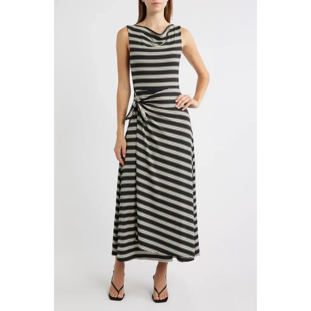 Jayne Rope Stripe Sleeveless Faux Wrap Midi Dress