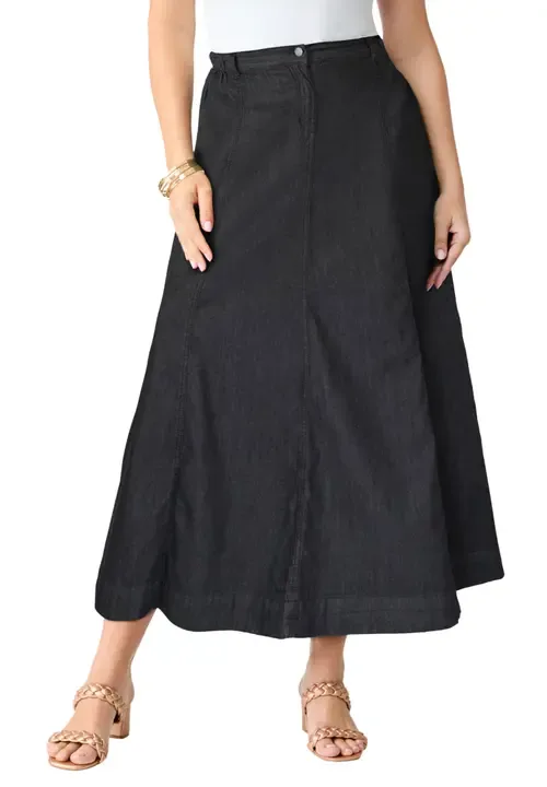 24/7 a Line Maxi Skirt in Black Denim