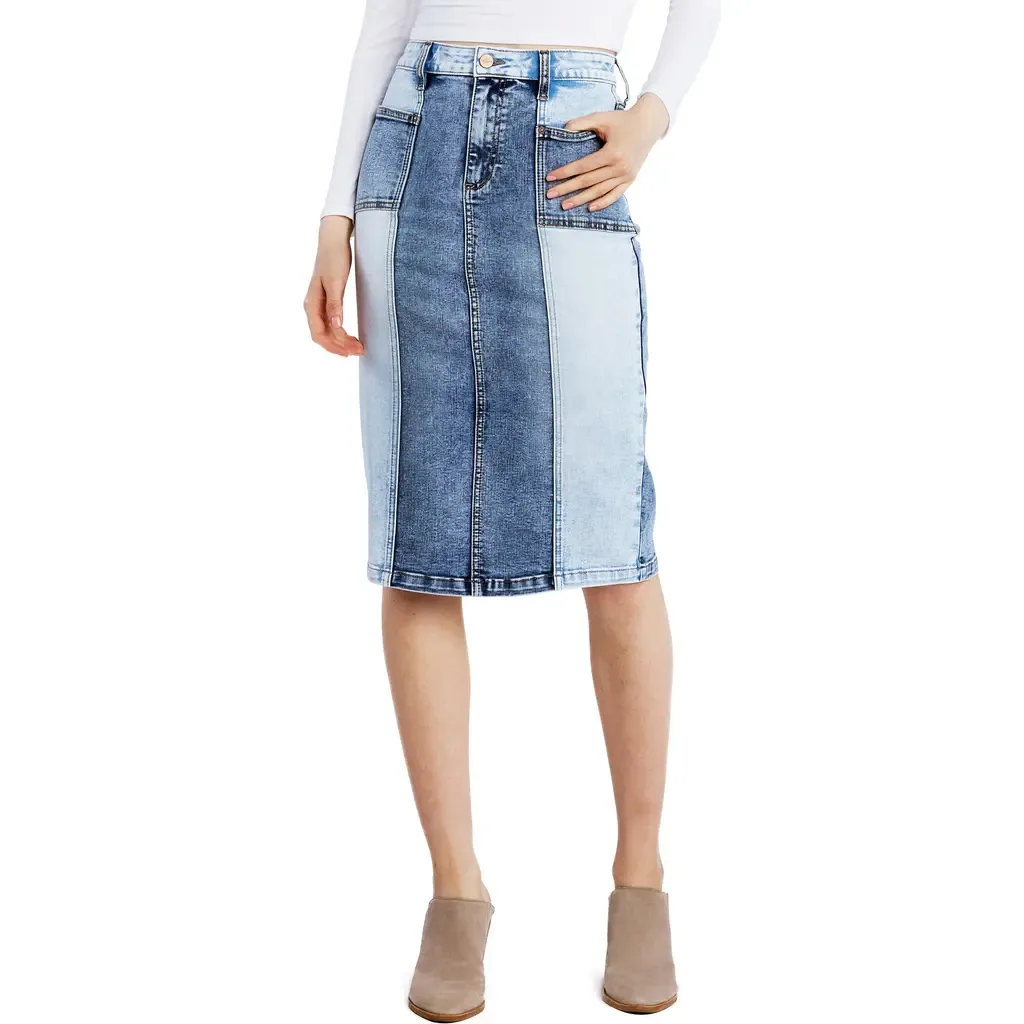 Pieced Midi Denim Skirt by HINT OF BLU