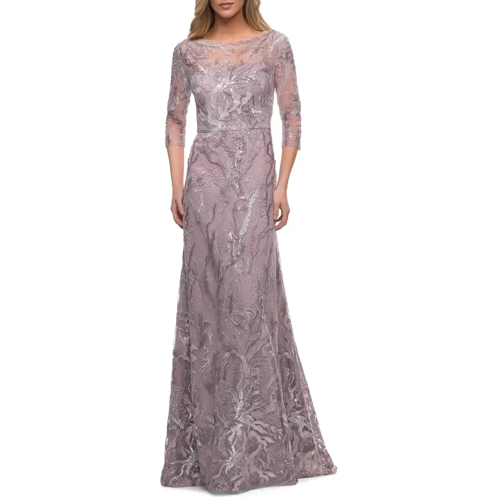 Sequin Lace Long Dress with Sheer Sleeves by La Femme