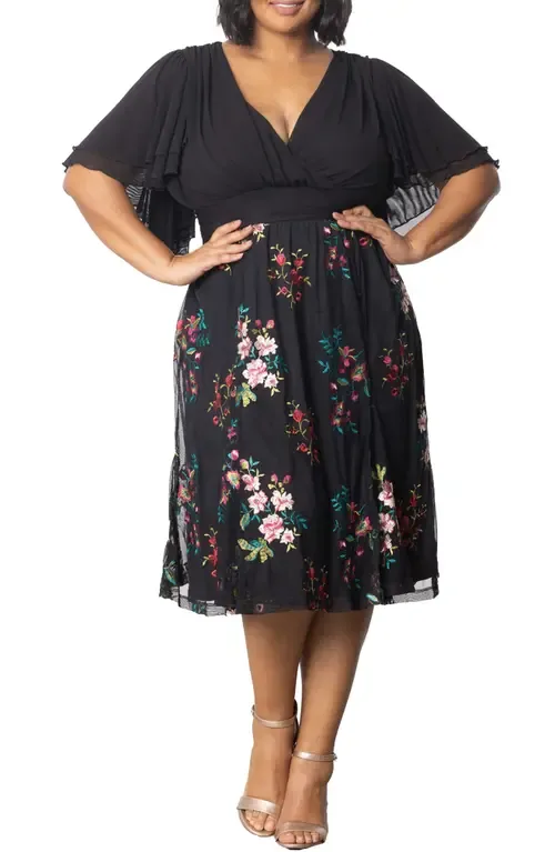 Lillian Embroidered Flutter Sleeve Cocktail Dress