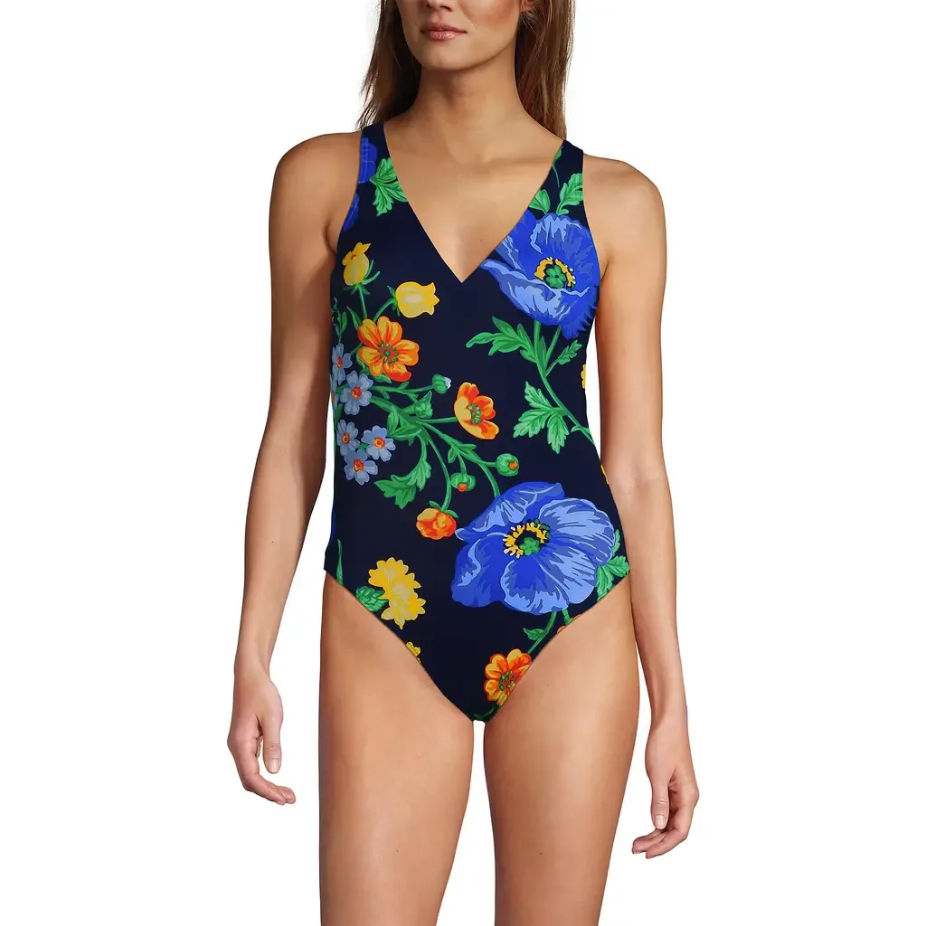 Tugless V-Neck High Leg One Piece Swimsuit by Lands' End
