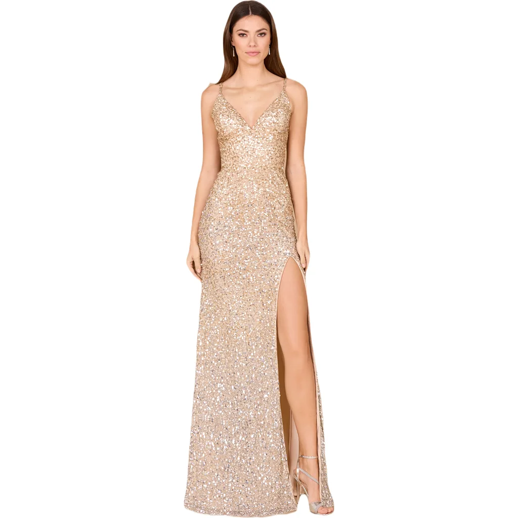 Beaded V Neck Dress with Slit by LARA New York