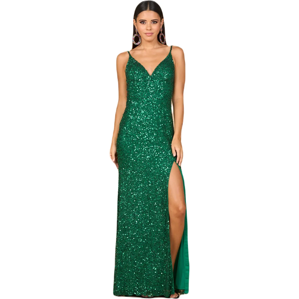 Beaded V Neck Dress with Slit