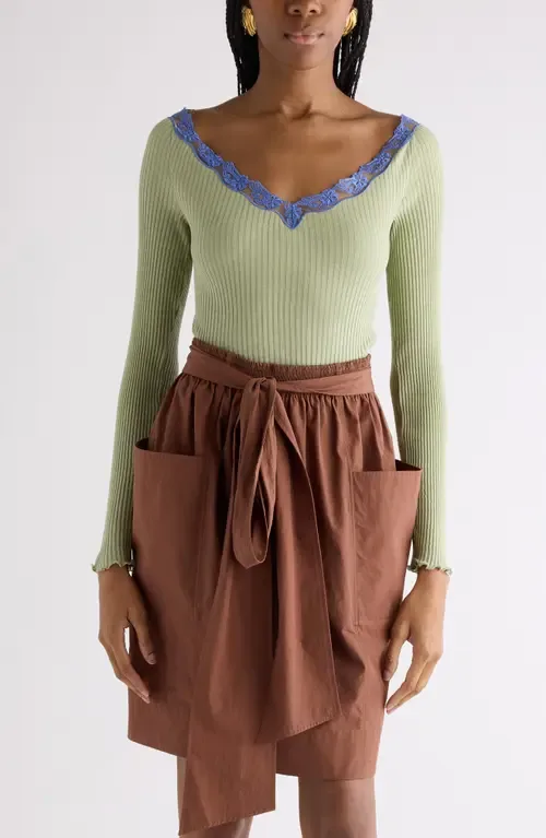 Lace Trim Rib Cotton & Silk Sweater by Chloé