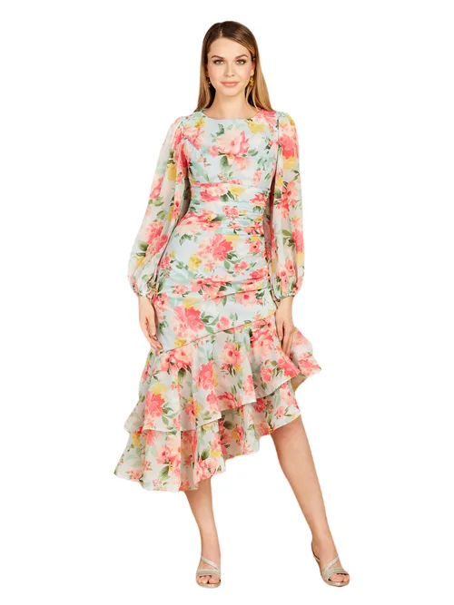 High Neck, Lace Up, Long Sleeve Printed Midi Dress by LARA New York