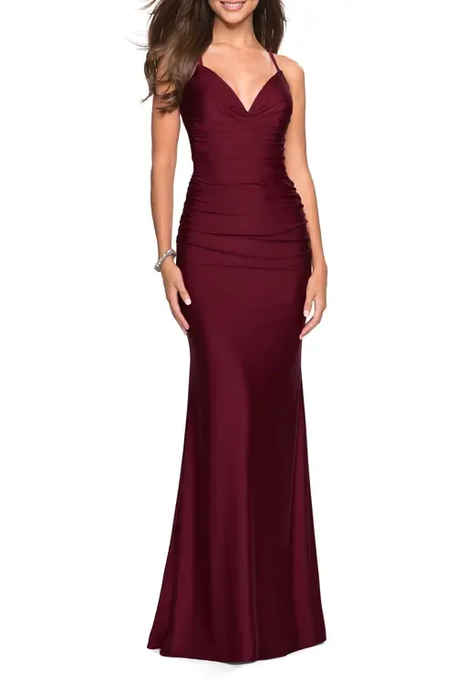 Form Fitting Jersey Dress with Ruching and Strappy Back