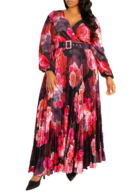 Floral Long Sleeve Pleated Maxi Dress by BUXOM COUTURE
