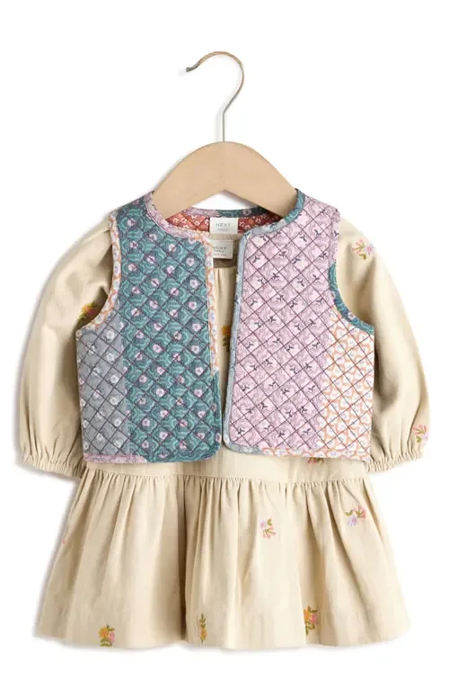 Quilted Vest & Embroidered Long Sleeve Dress Set by NEXT
