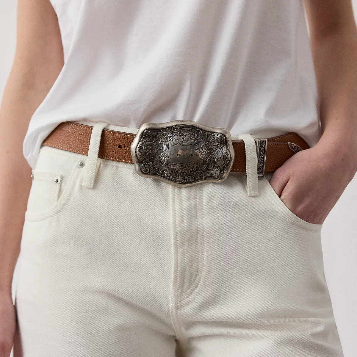 Tooled-Buckle Pebbled Calfskin Belt by Ralph Lauren Collection