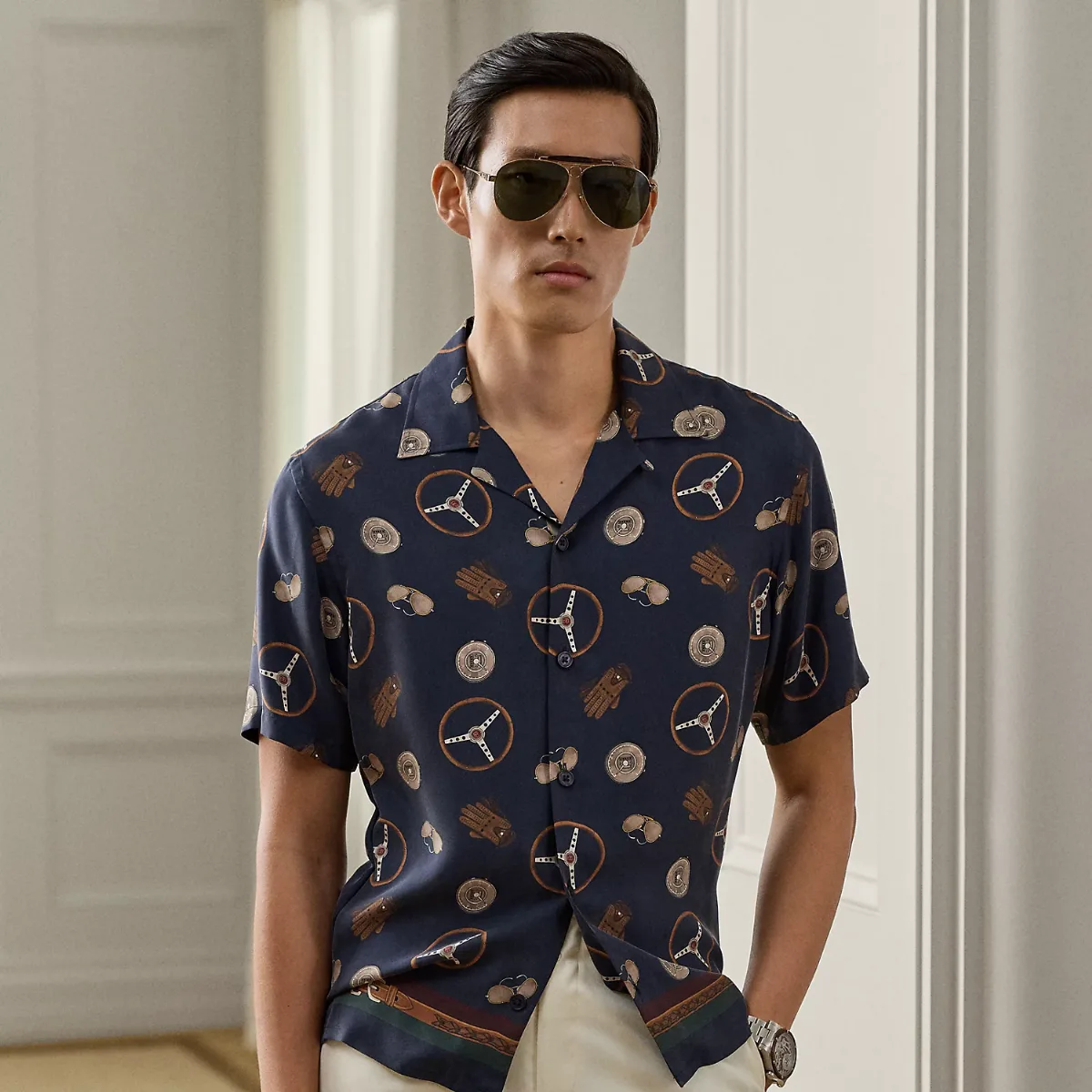 Driver-Print Silk Camp Shirt by Ralph Lauren Purple Label