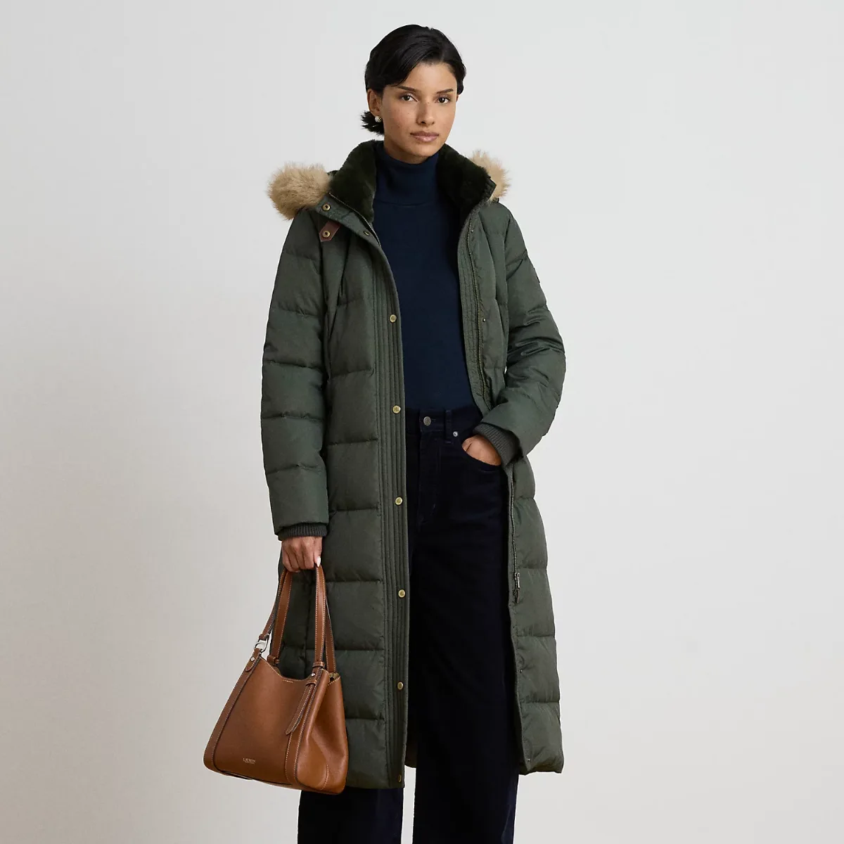 Faux-Fur-Trim Quilted Hooded Down Coat