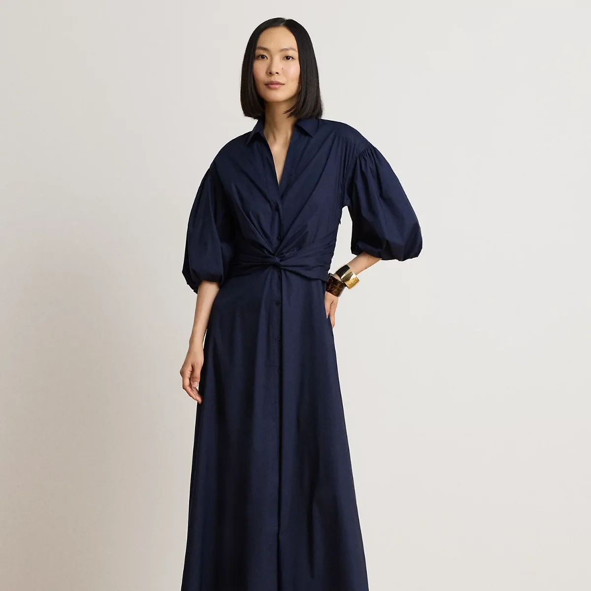 Twist-Front Bubble-Sleeve Shirtdress