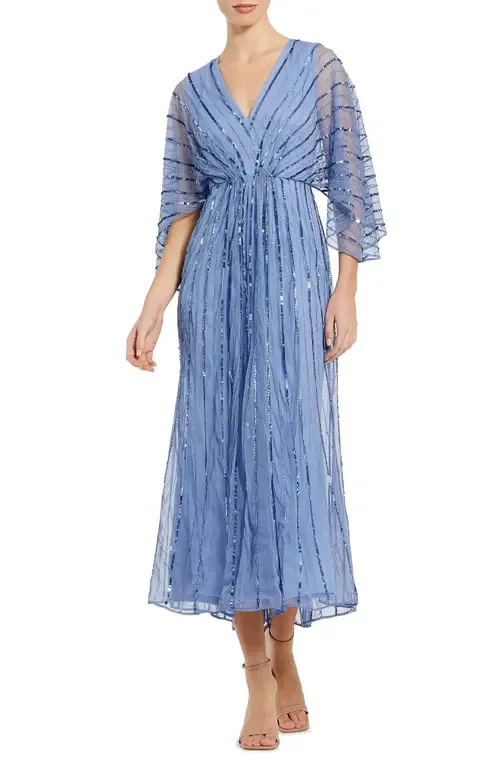 Sequin Beaded Stripe Cape Sleeve V-Neck Gown by Mac Duggal