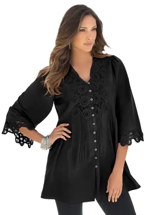 Juliet Lace Trim Button Down Shirt by Roaman's