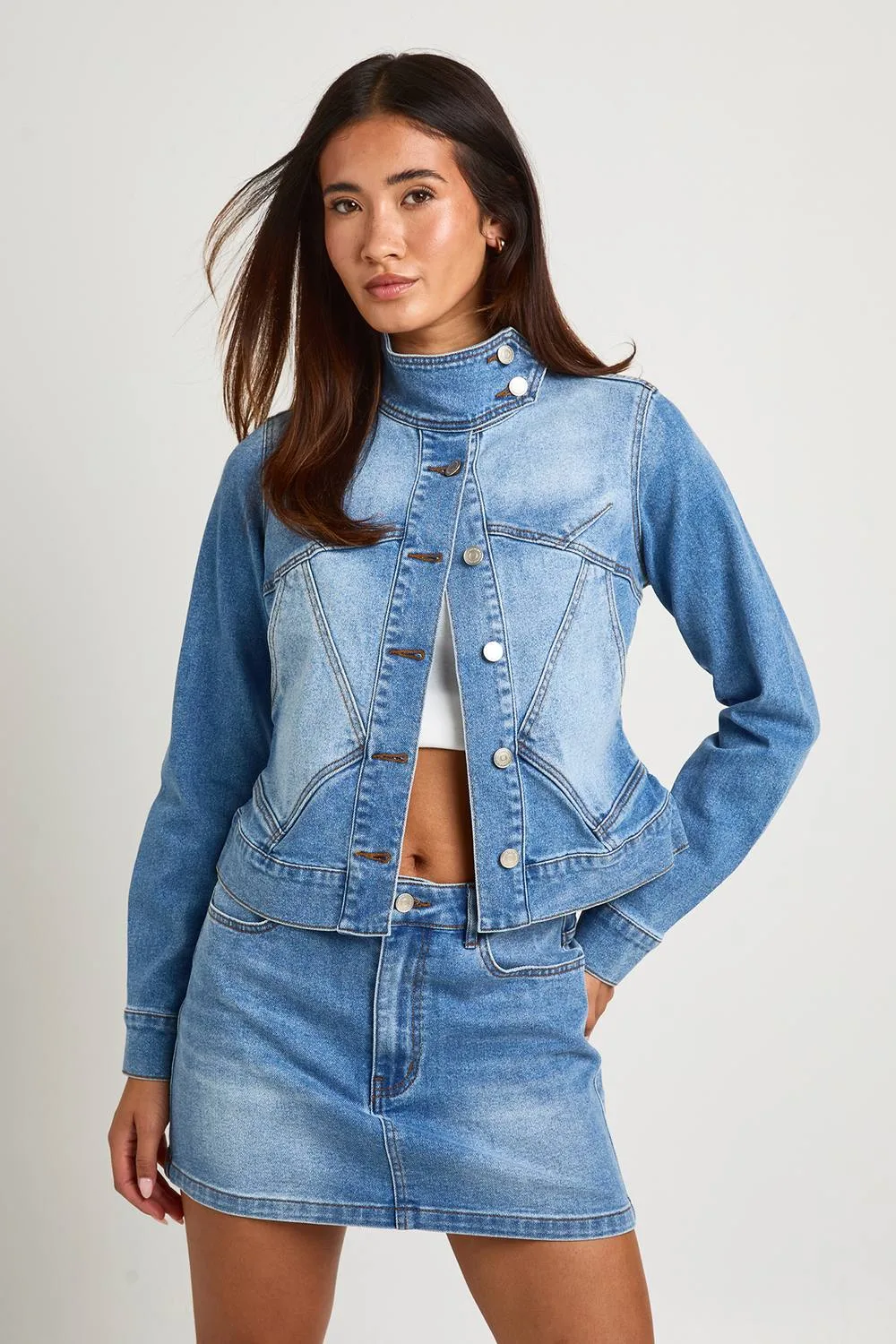 Slim Fit Funnel Neck Seam Detail Denim Jacket