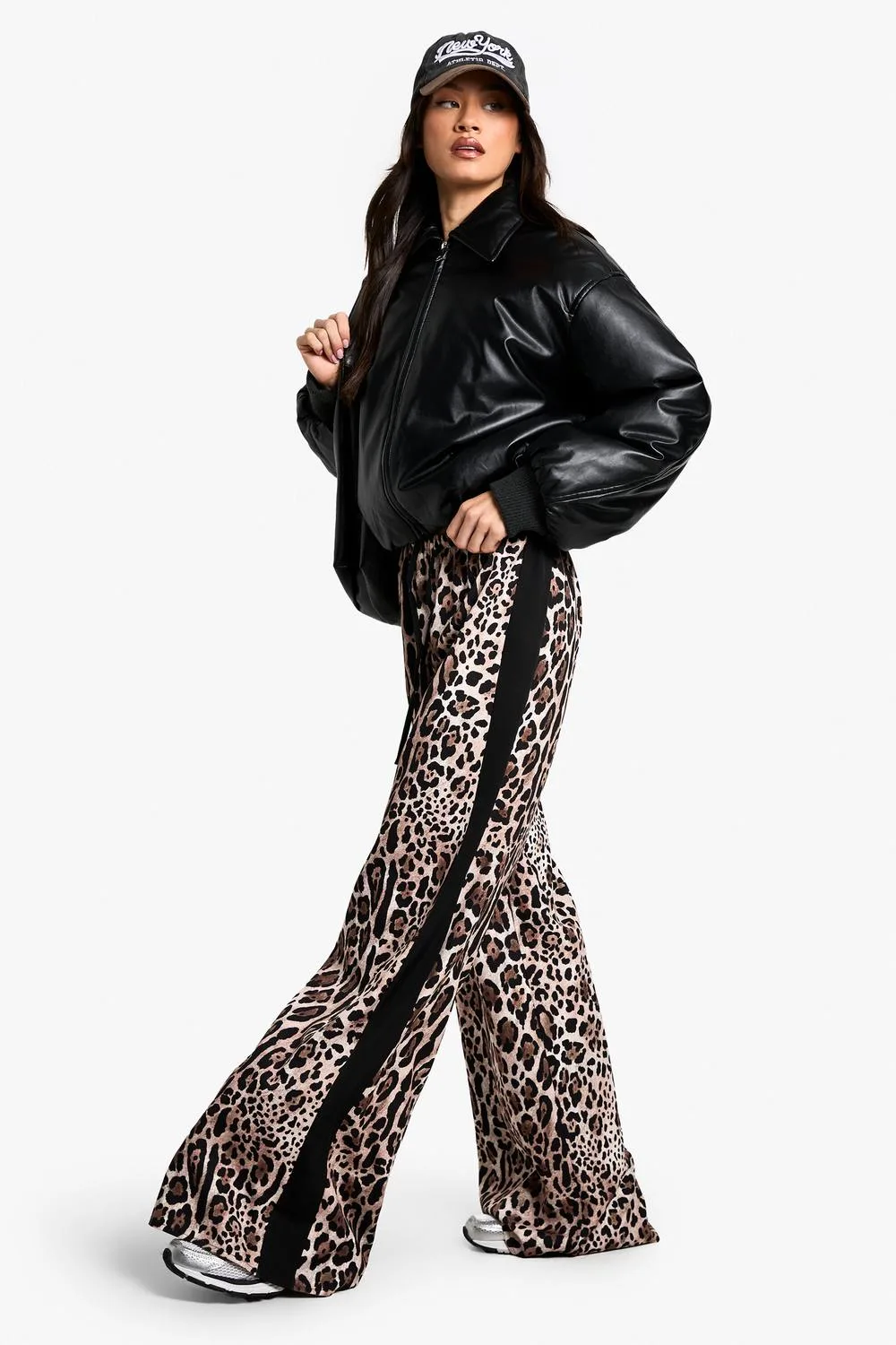 Tall Side Stripe Leopard Drawstring Wide Leg Trousers by boohoo