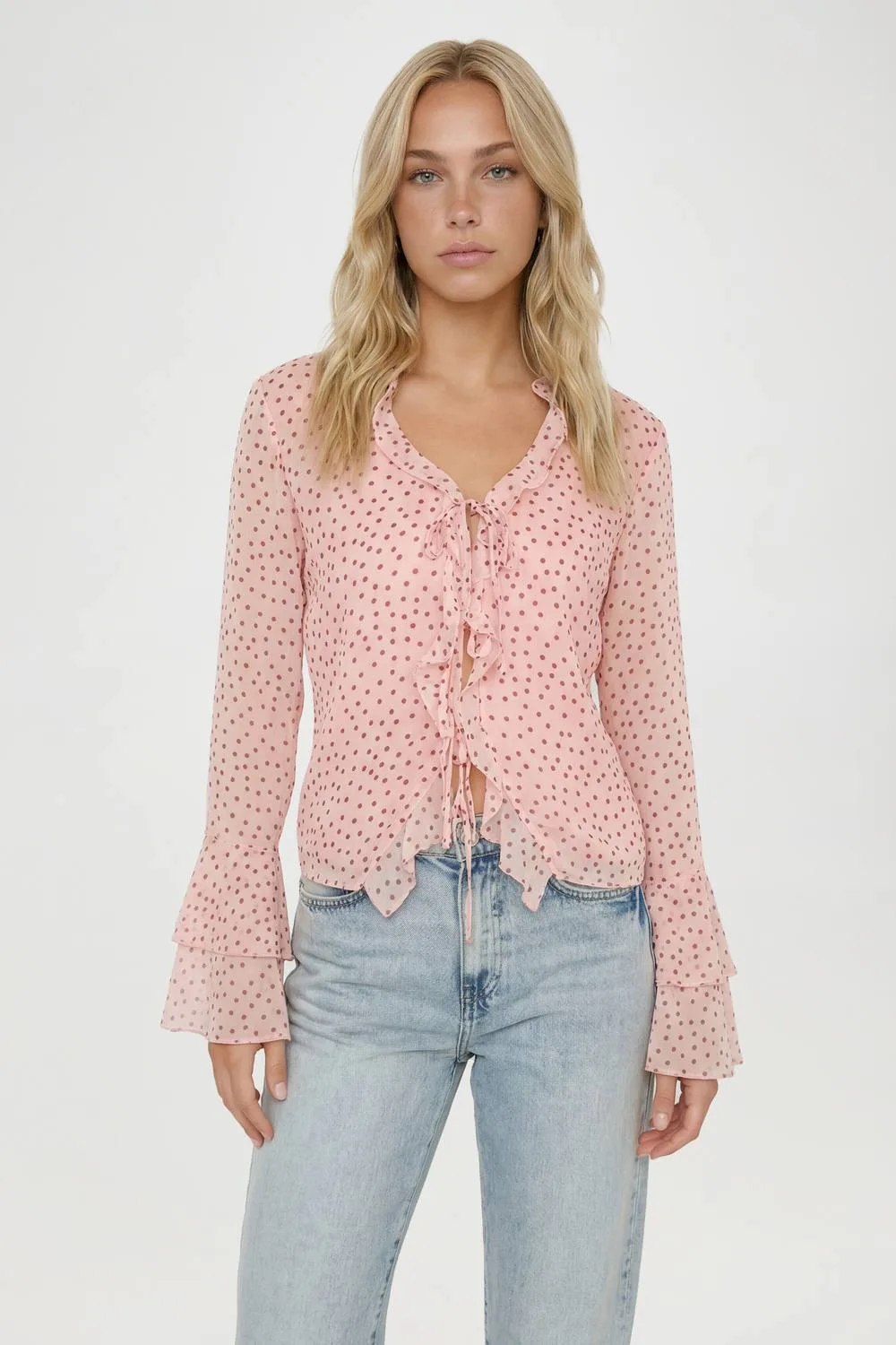 Polka Dot Chiffon Ruffle Blouse by boohoo