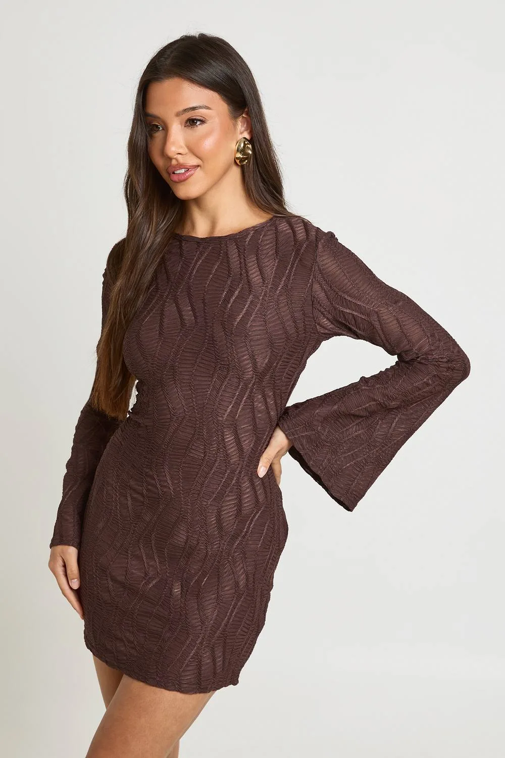 Textured Flared Sleeve Open Back Mini Dress by boohoo