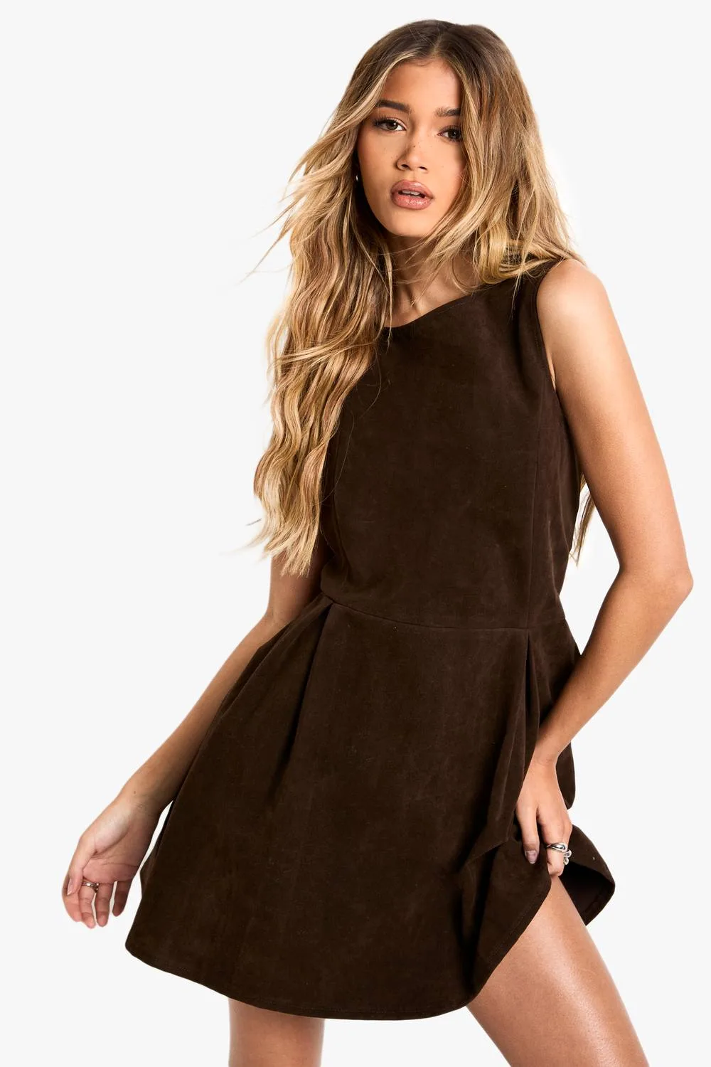 Suede Box Pleat Mini Dress by boohoo