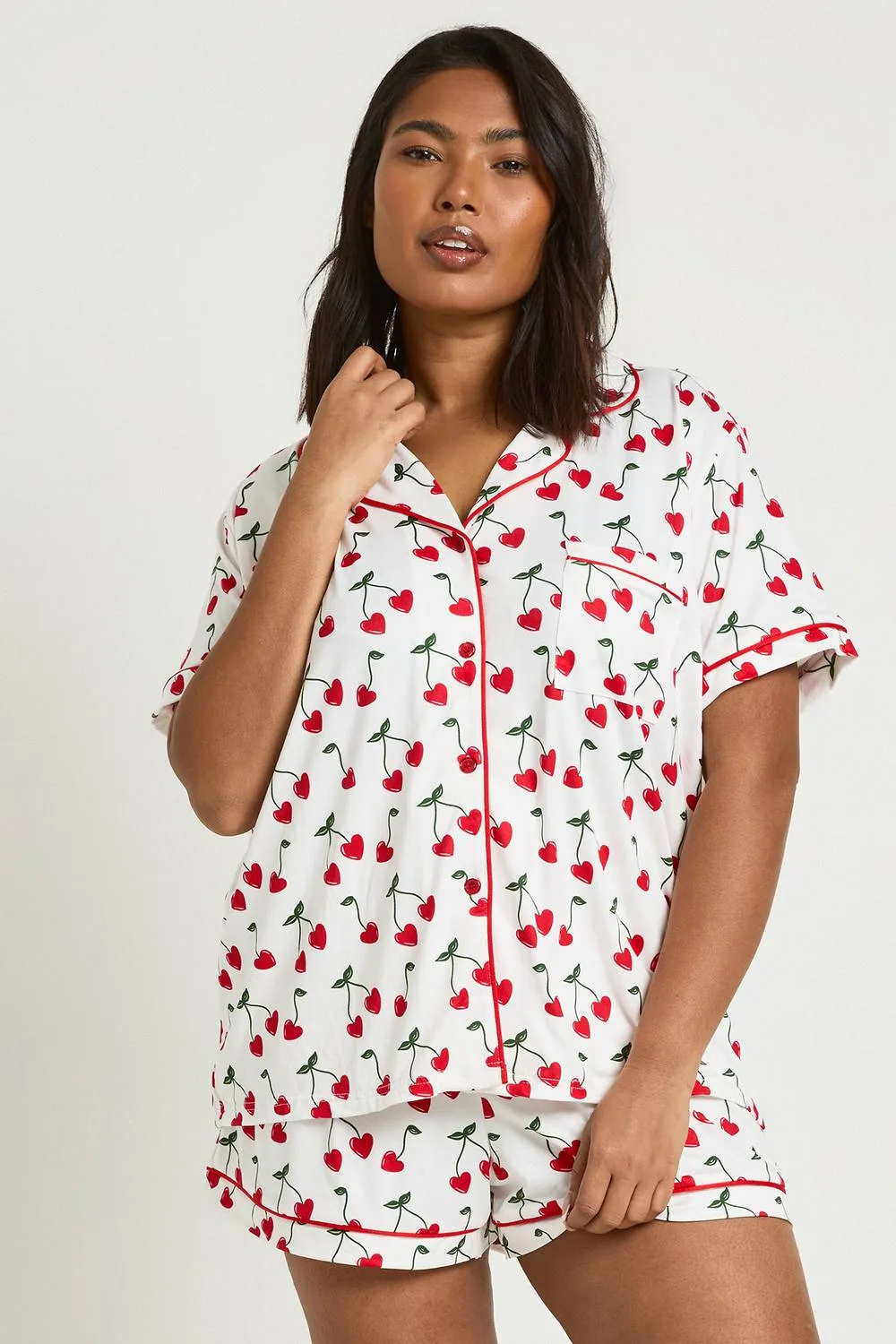 Plus Heart Cherry Print Short Sleeve Shirt & Short Pyjama Set by boohoo
