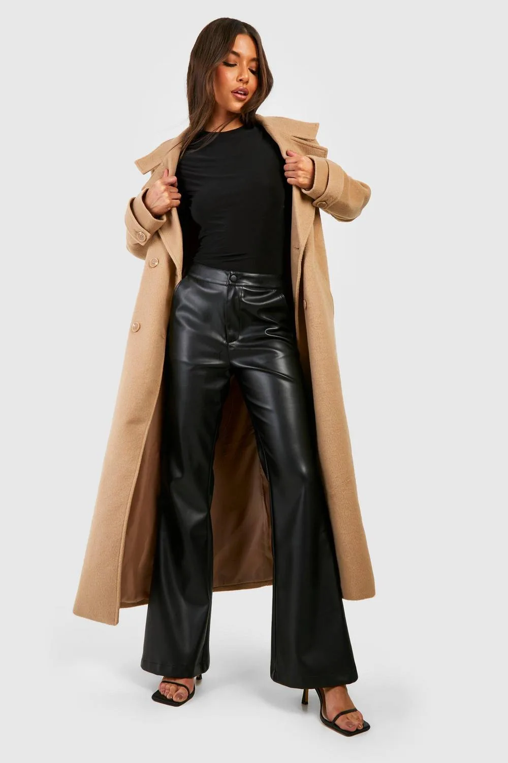 Leather Look High Waisted Flared Trousers by boohoo