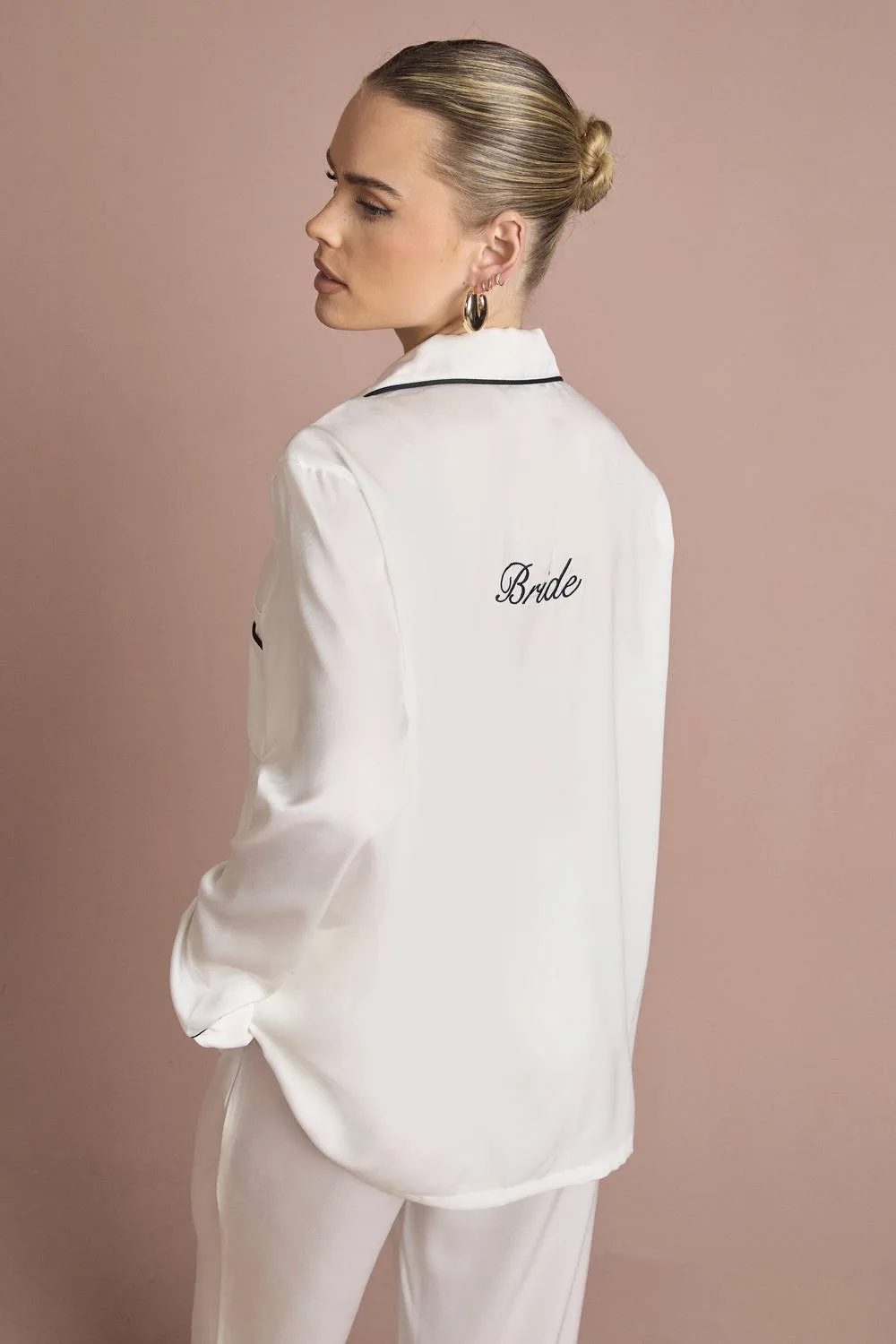 Bridal Bride Satin Embroidered Long Sleeve Shirt & Trousers Pyjama Set by boohoo
