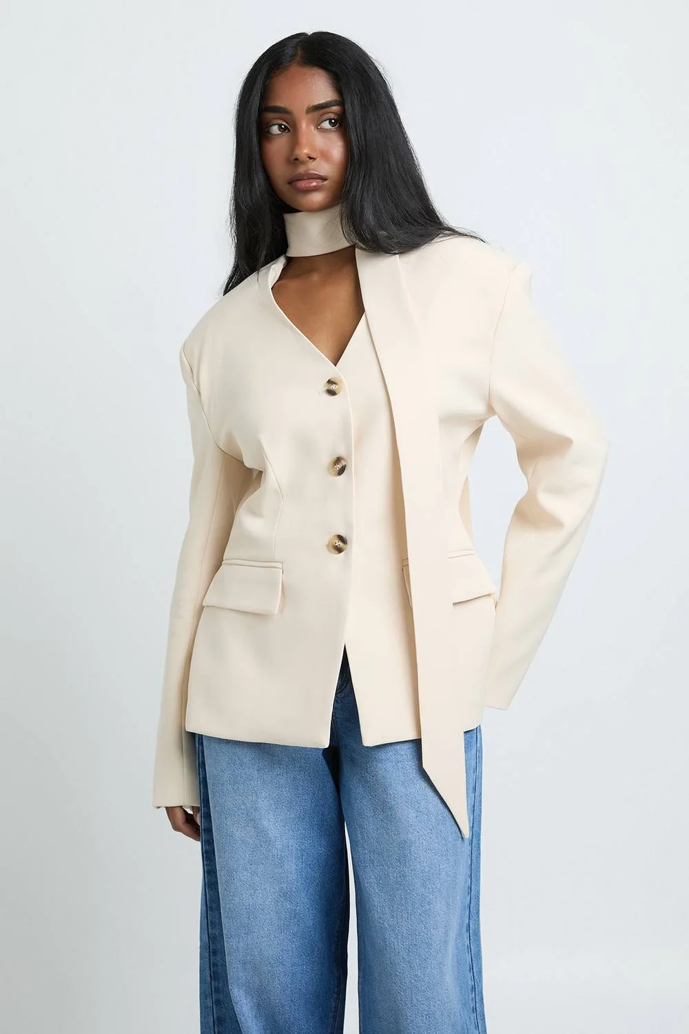 Scarf Detail Cinched Blazer