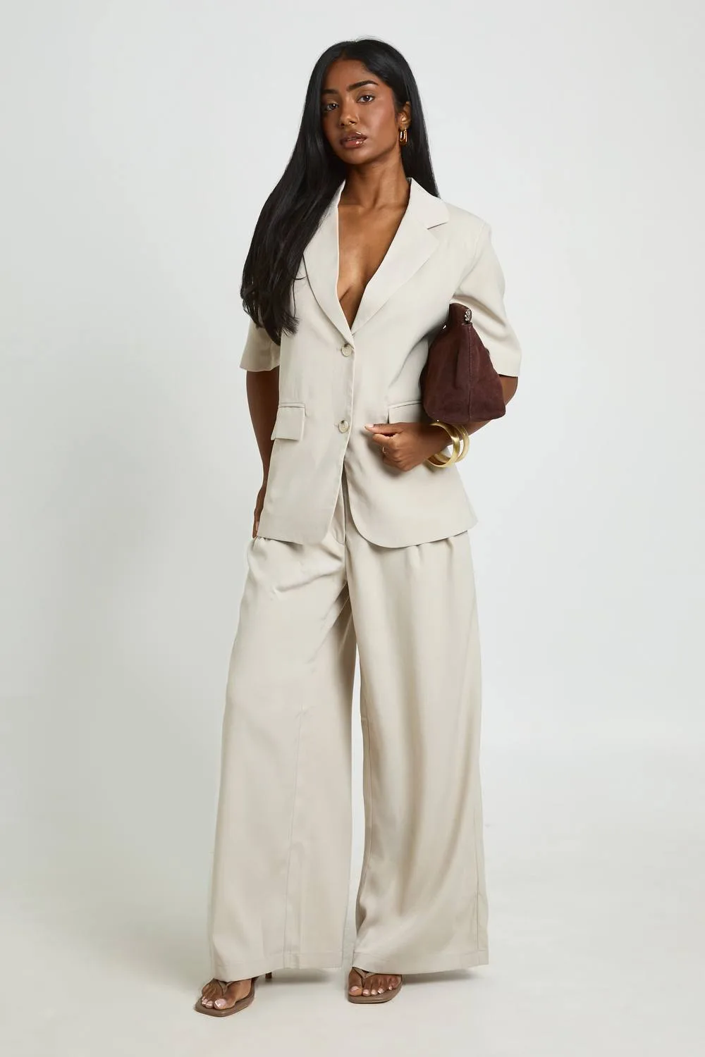 Box Pleat Wide Leg Tailored Trousers - Stone by boohoo