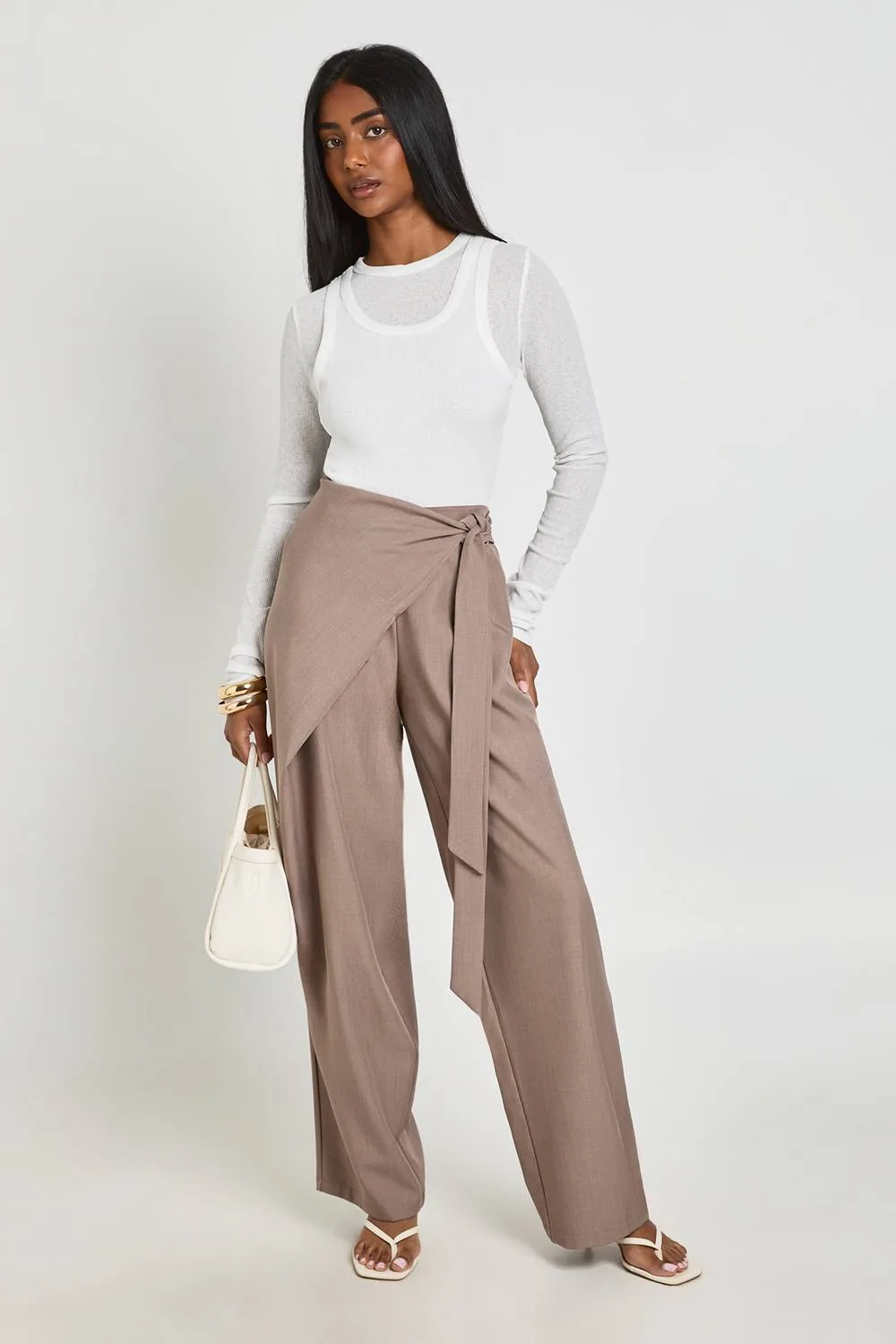 Drape Tie Detail Wide Leg Tailored Trousers by boohoo