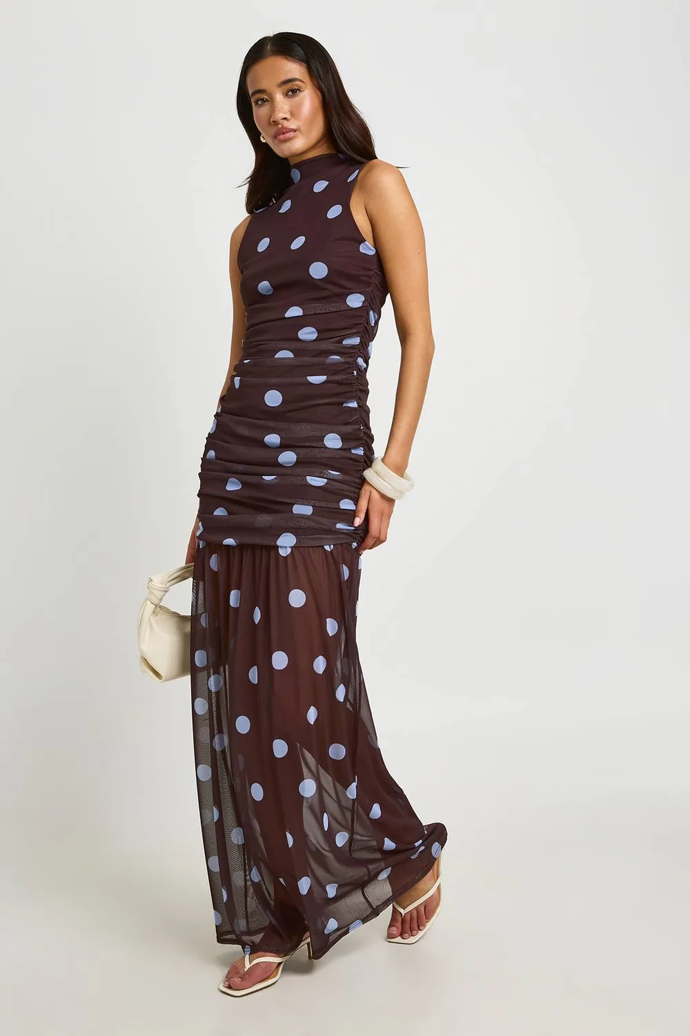 Tonal Polka Dot Ruched Bodice Maxi Dress