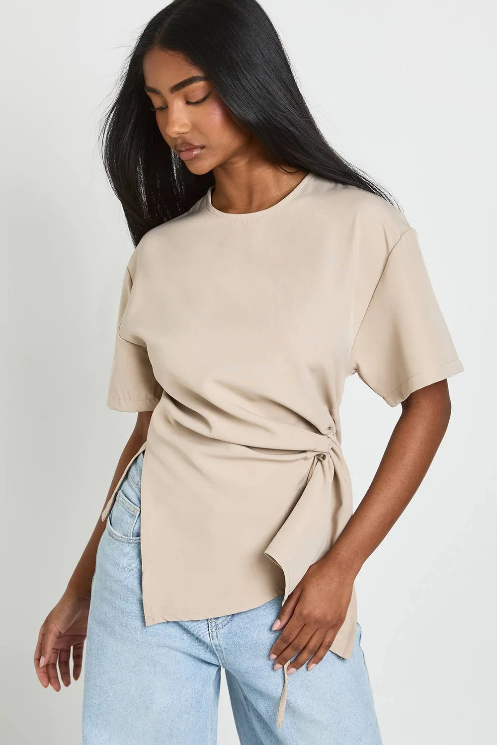 Ruched Side Woven T-Shirt by boohoo