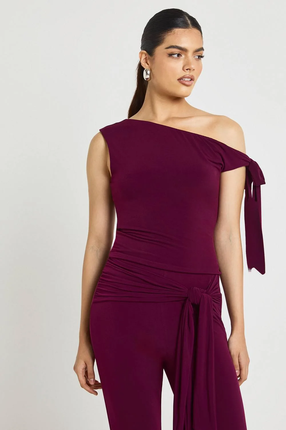 Double Layer Slinky Asym Shoulder Knot Detail Top by boohoo