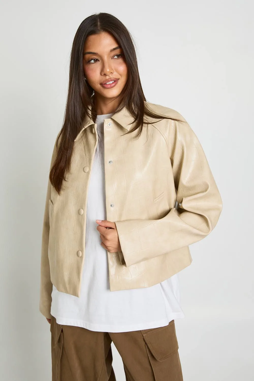Croc Faux Leather Collared Jacket - Stone by boohoo