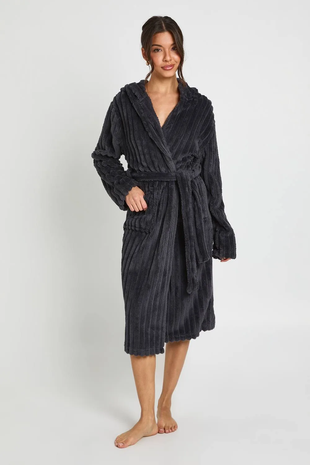 Ribbed Fleece Hooded Long Dressing Gown by boohoo