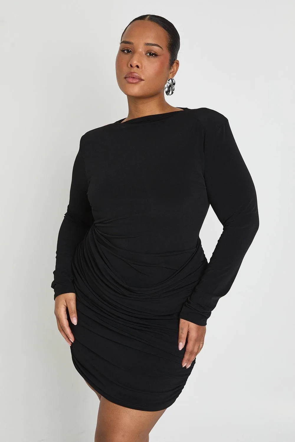 Slinky Shoulder Pad Drape Ruched Dress by boohoo