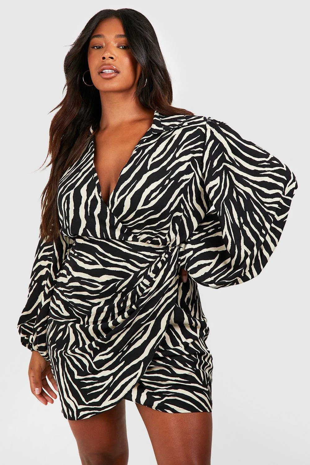 Zebra Print Blouson Sleeve Wrap Dress by boohoo