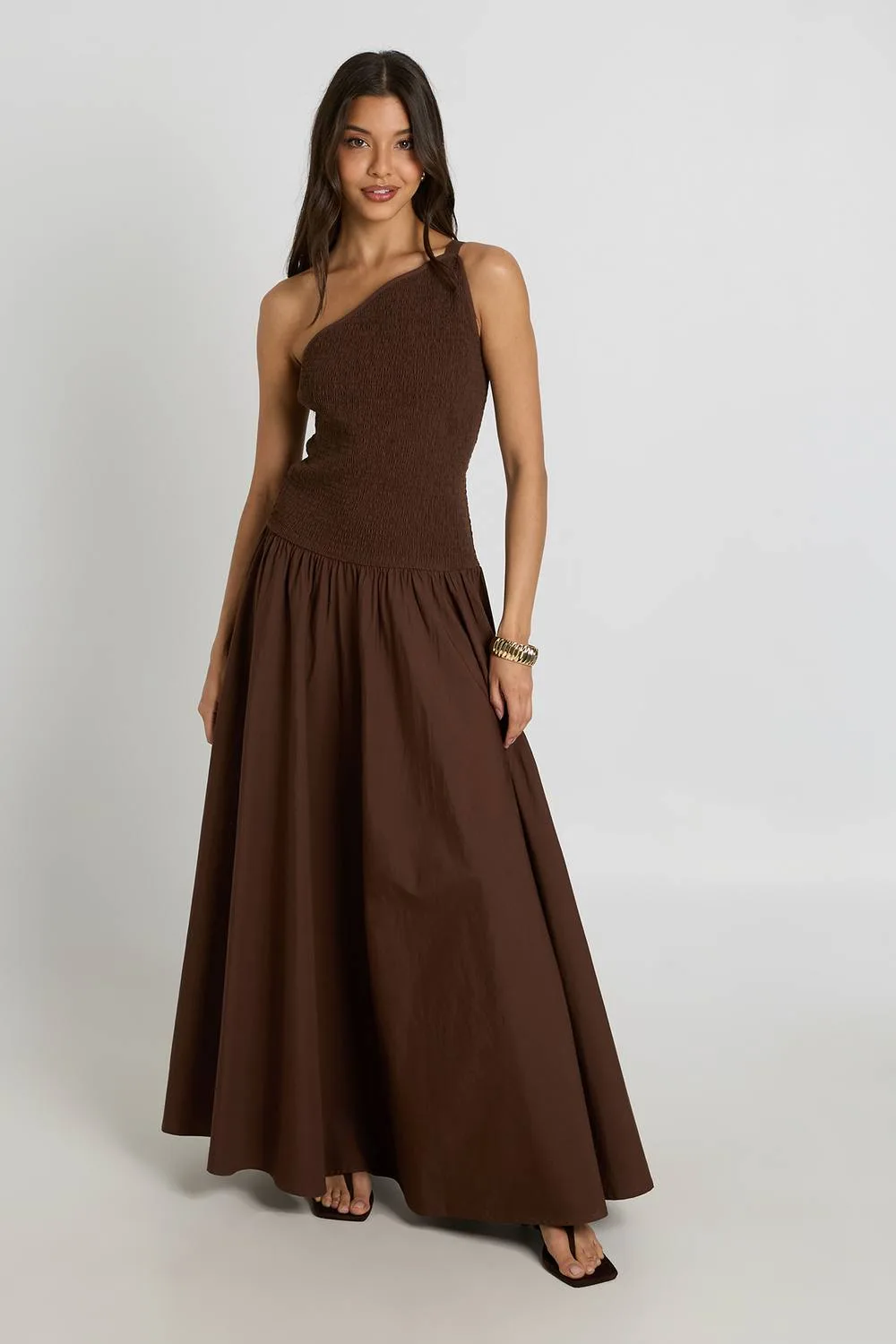 Shirred Bodice Poplin Maxi Dress with Asymmetric Neckline by boohoo