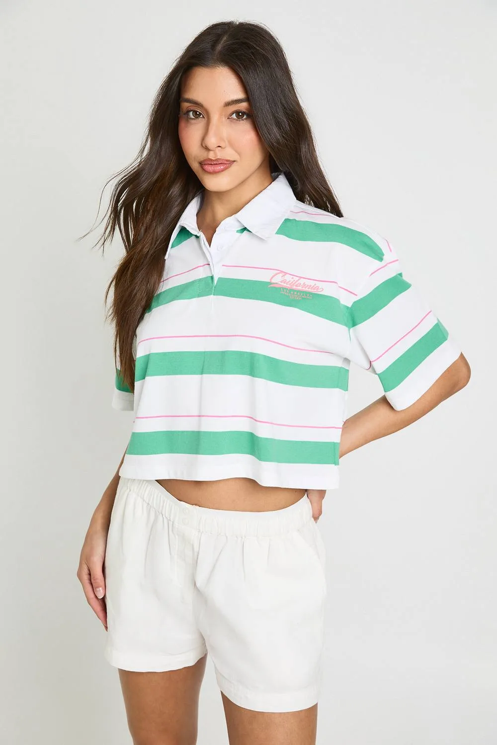 Stripe California Printed Cropped Short Sleeve Rugby Top by boohoo